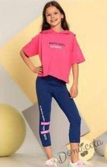 Комплект за момиче от тениска с качулка в розово и клин в черно