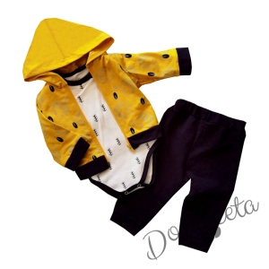  Комплект за момче от боди с дълъг ръкав, горнище в жълто и панталон