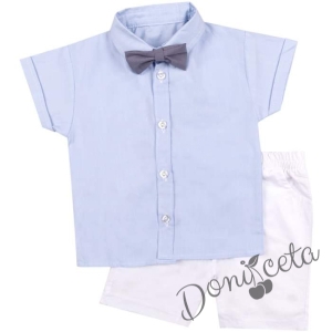 Детски комплект от риза в светлосиньо, къси панталонки в бяло и папийонка