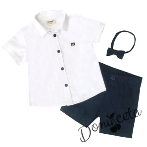 Детски комплект Contrast от риза, къси панталонки в тъмносиньо и папийонка