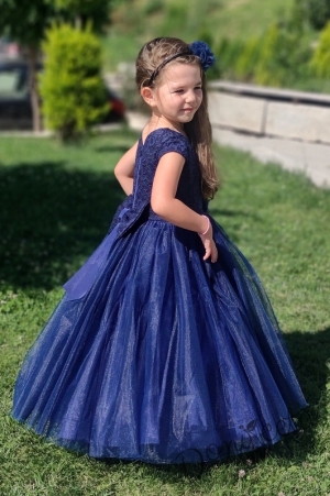 Официална дълга детска рокля от дантела и тюл в тъмносиньо 9