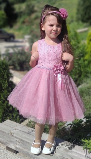 Официална детска рокля без ръкав в пепел от рози с тюл 2