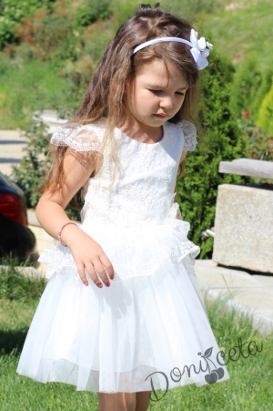 Официална детска  рокля с къс ръкав с дантела и тюл в бяло 1