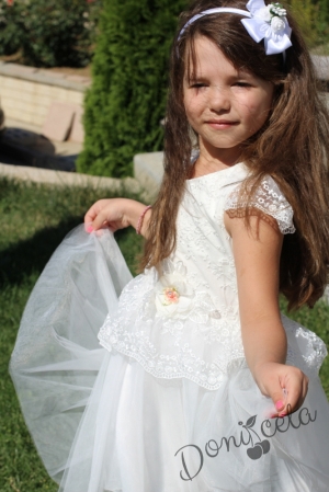 Официална детска  рокля с къс ръкав с дантела и тюл в бяло 2