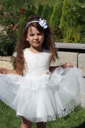 Официална детска  рокля с къс ръкав с дантела и тюл в бяло 3