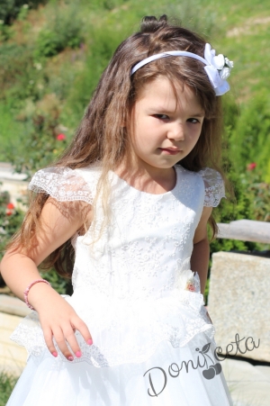 Официална детска  рокля с къс ръкав с дантела и тюл в бяло 4