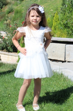 Официална детска  рокля с къс ръкав с дантела и тюл в бяло 5