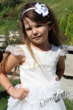 Официална детска  рокля с къс ръкав с дантела и тюл в бяло 6