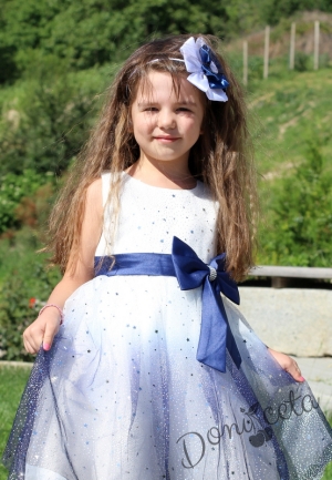 Детска рокля в бяло и тъмносиньо без ръкав с тюл 11