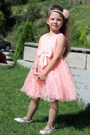 Официална детска рокля без ръкав в прасковено с тюл 83543322 2