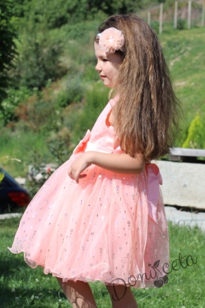 Официална детска рокля без ръкав в прасковено с тюл 835433224