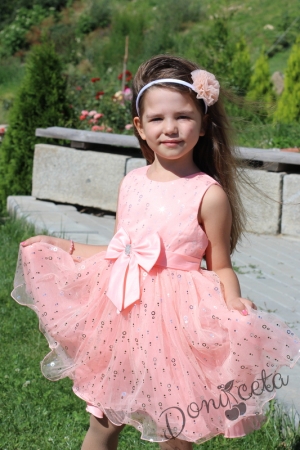 Официална детска рокля без ръкав в прасковено с тюл 835433228