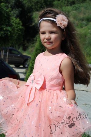 Официална детска рокля без ръкав в прасковено с тюл 835433229