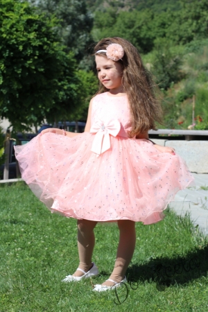 Официална детска рокля без ръкав в прасковено с тюл 835433221