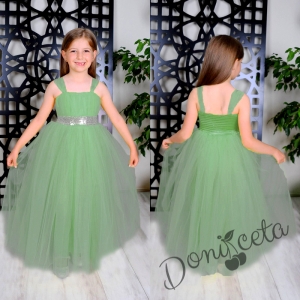 Официална детска дълга рокля без ръкав в зелено с тюл