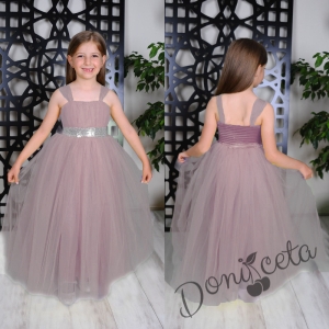 Официална детска дълга рокля Даналия без ръкав в пепел от рози с тюл