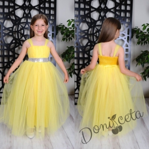 Официална детска дълга рокля Даналия без ръкав в жълто с тюл 1