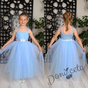 Официална детска дълга рокля  Даналия без ръкав в светлосиньо с тюл