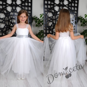 Официална детска дълга рокля Даналия без ръкав в бяло с тюл