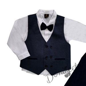 Официален костюм за момче от елек в синьо, риза в бяло, панталон и папийонка
