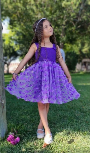 Официална детска рокля без ръкав в лилаво с 3D пеперуди