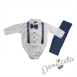 Бебешки комплект от панталон, боди-риза в бяло, тиранти и папийонка 8512364