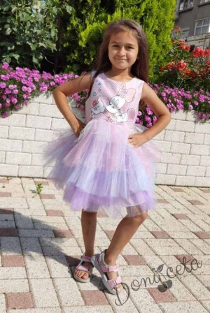 Детска рокля с къс ръкав с Мини Маус в розово с многоцветен тюл1