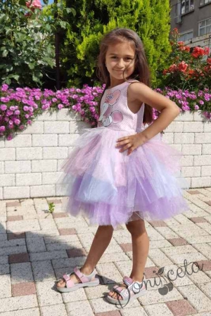 Детска рокля с къс ръкав с Мини Маус в розово с многоцветен тюл2