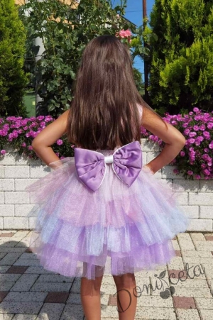 Детска рокля с къс ръкав с Мини Маус в розово с многоцветен тюл3