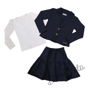 Комплект 3 части- пола, сако в тъмносиньо и блуза с дълъг ръкав в бяло