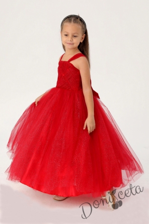 Официална детска дълга рокля без ръкав в червено с блясък