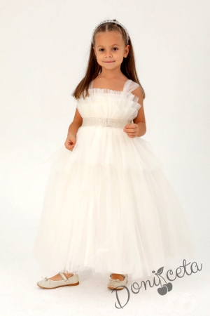 Официална детска дълга рокля без ръкав в бяло с тюл
