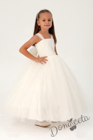 Официална детска дълга рокля в бяло с тюл 860316