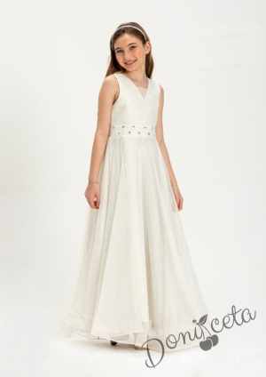 Официална детска дълга рокля в бяло без ръкав 860911