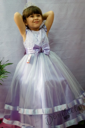 Официална детска дълга рокля в лилаво, бяло, екрю и розово