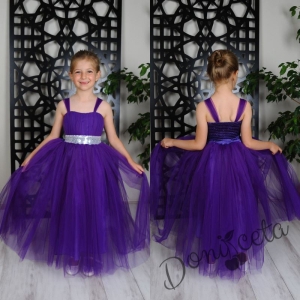 Официална детска дълга рокля Даналия без ръкав в лилаво с тюл