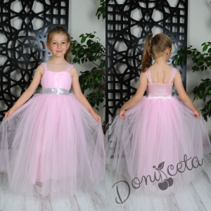 Официална детска дълга рокля Даналия без ръкав в нежен розов цвят с тюл