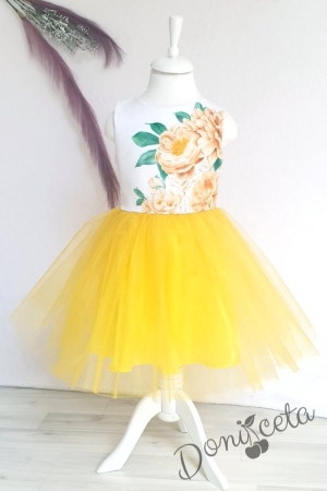 Детска официална рокля с цветя и тюл в жълто 646289