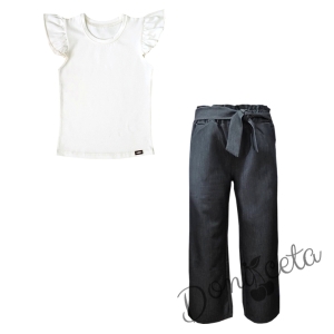 Комплект за момиче от тениска в бяло и панталон в графитено сиво 