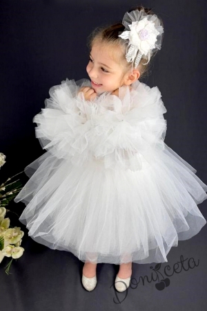 Официална детска рокля без ръкав с тюл в бяло