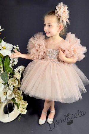 Официална детска рокля Блян с богат тюл в прасковено и панделка за коса