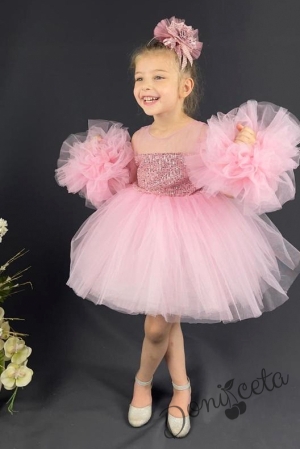 Официална детска рокля Блян с богат тюл в розово с блясък