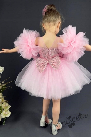 Официална детска рокля Блян с богат тюл в розово с блясък