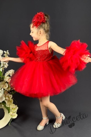 Официална детска рокля Блян с богат тюл в червено с блясък