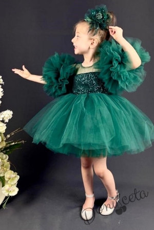 Официална детска рокля с богат тюл в тъмнозелено с блясък