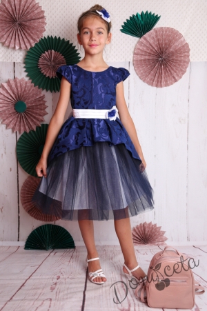 Официална детска рокля в тъмносиньо с тюл 379ТСЖ 2