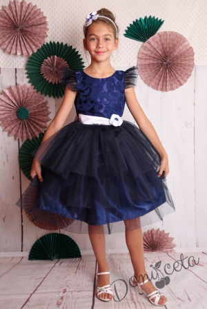 Официална детска рокля в тъмносиньо с тюл коланче 288ТСЖ 2
