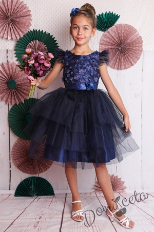 Официална детска рокля в тъмносиньо с 3D цветя 288ТСЦ 2