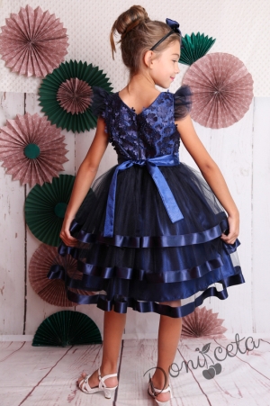 Официална детска рокля в тъмносиньо с 3D цветя и тюл 312ТСЦ 2