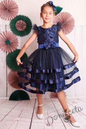 Официална детска рокля в тъмносиньо с 3D пеперуди и тюл 312ТСП
